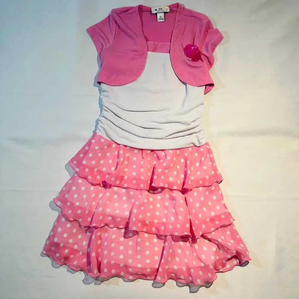 Y2K Iz Amy Byer Pink & White Polka Dot Ruffle Tiered Dress w/ Cardigan Sz 6x
